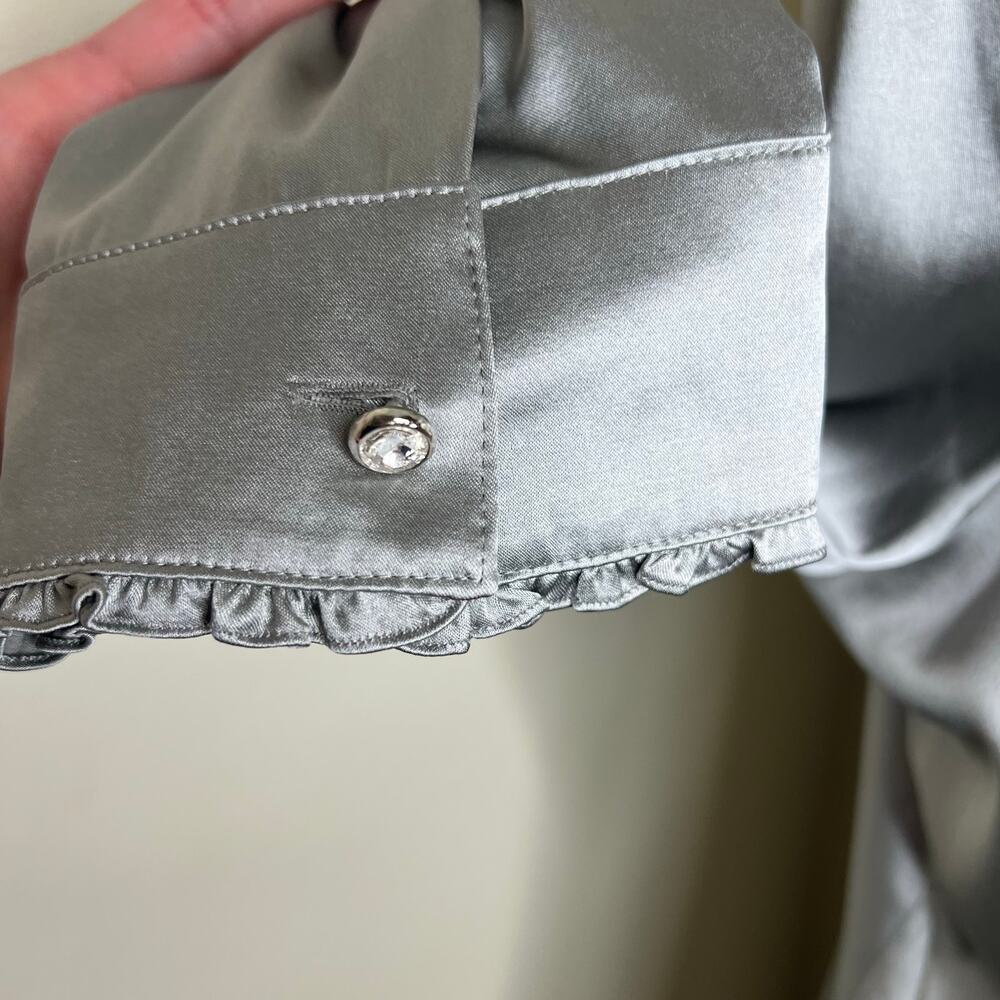 Doncaster Collection 100% Silk Top 12 Gray Silver Rhinestone Ruffle Satin Work - Picture 7 of 12